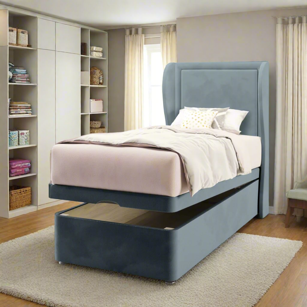 Plain Border Fabric Middle Curve Wing Headboard with Ottoman Storage Bed Base & Mattress