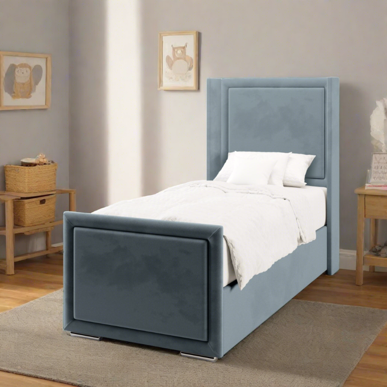 Plain Border Fabric Straight Wing Headboard with Ottoman Storage Side Lift Bed & Footend