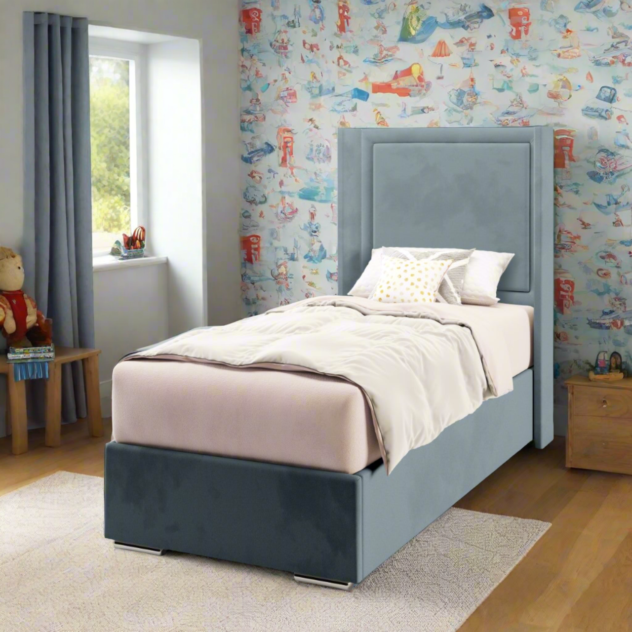 Plain Border Fabric Straight Wing Headboard with Frame Bed Base & Mattress