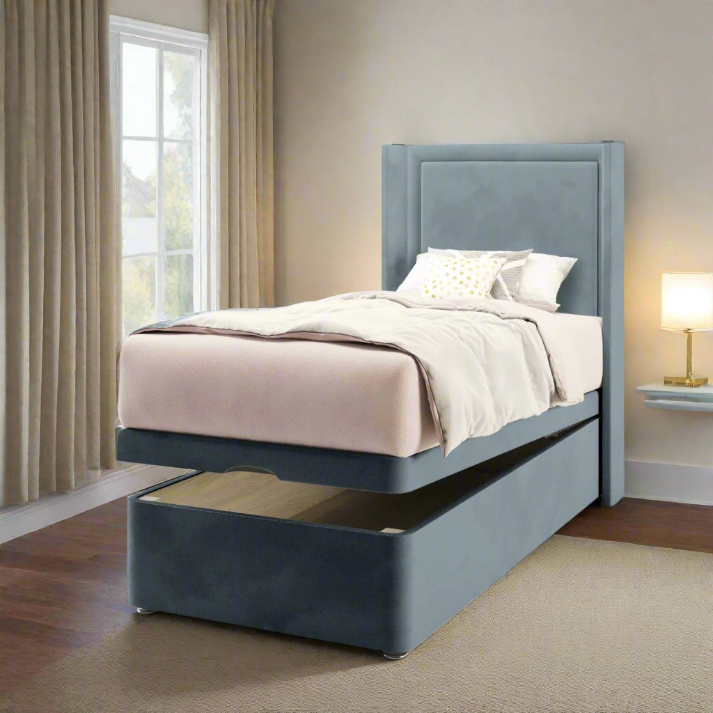 Plain Border Fabric Straight Wing Headboard with Ottoman Storage Bed Base & Mattress