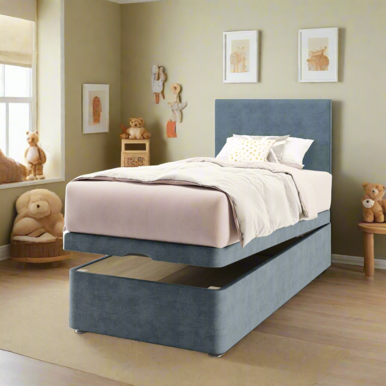 Plain Fabric Low Headboard with Ottoman Storage Bed Base & Mattress