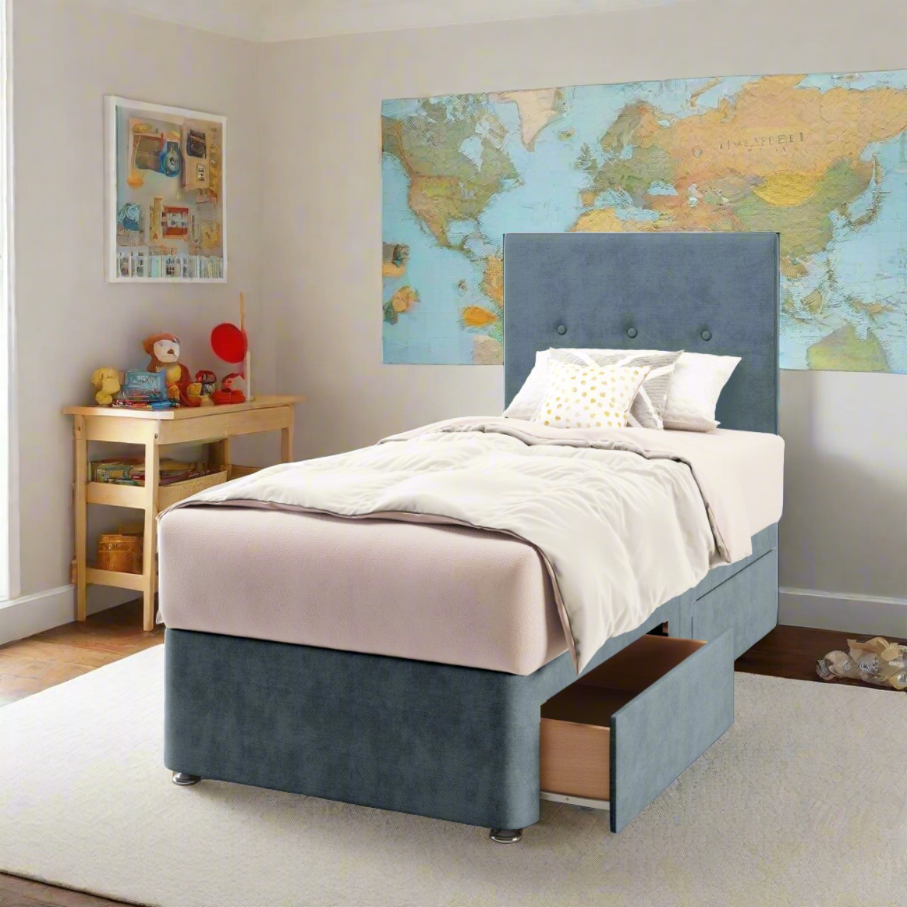 Plain Fabric Low Headboard with Divan Bed Base & Mattress