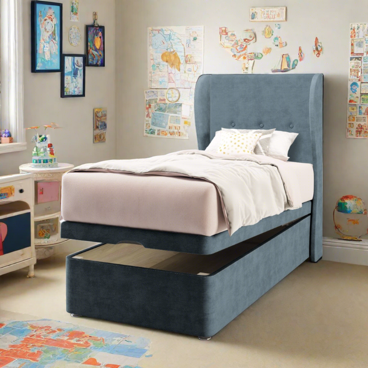 Plain Fabric Middle Curve Wing Headboard with Ottoman Storage Bed Base & Mattress