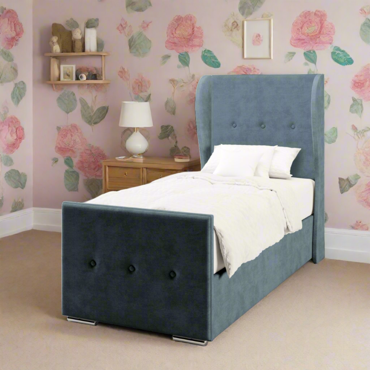 Plain Fabric Middle Curve Wing Headboard with Ottoman Storage Side Lift Bed & Footend