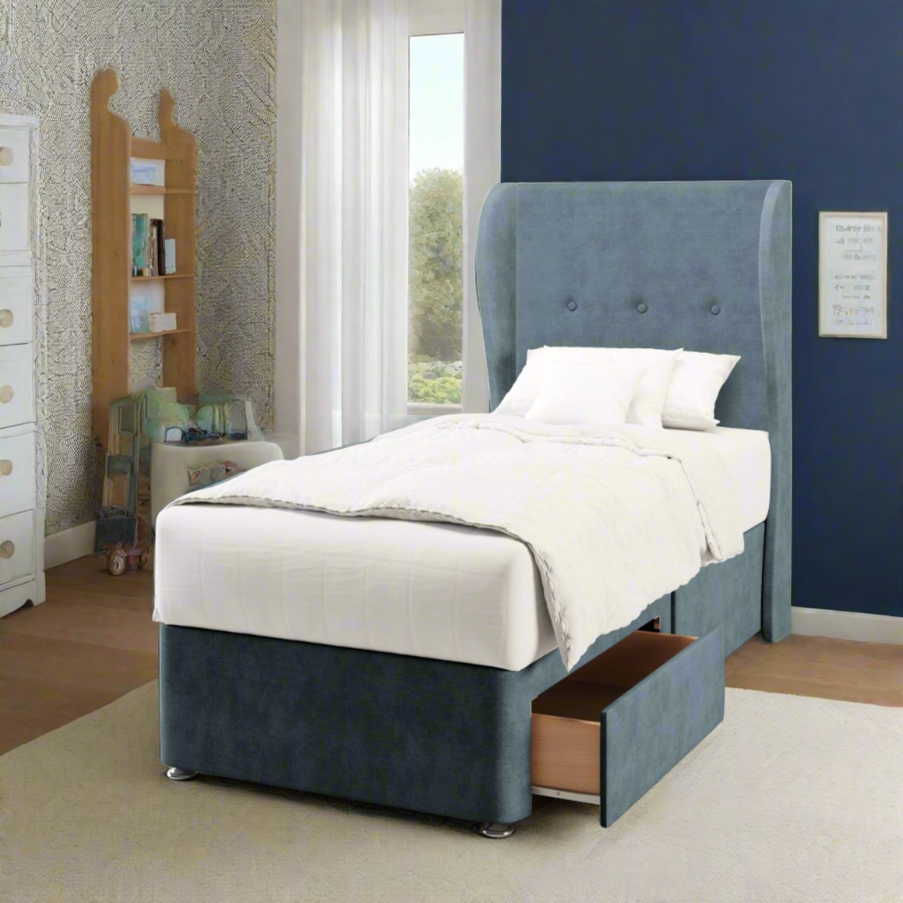 Plain Fabric Middle Curve Wing Headboard with Divan Bed Base & Mattress