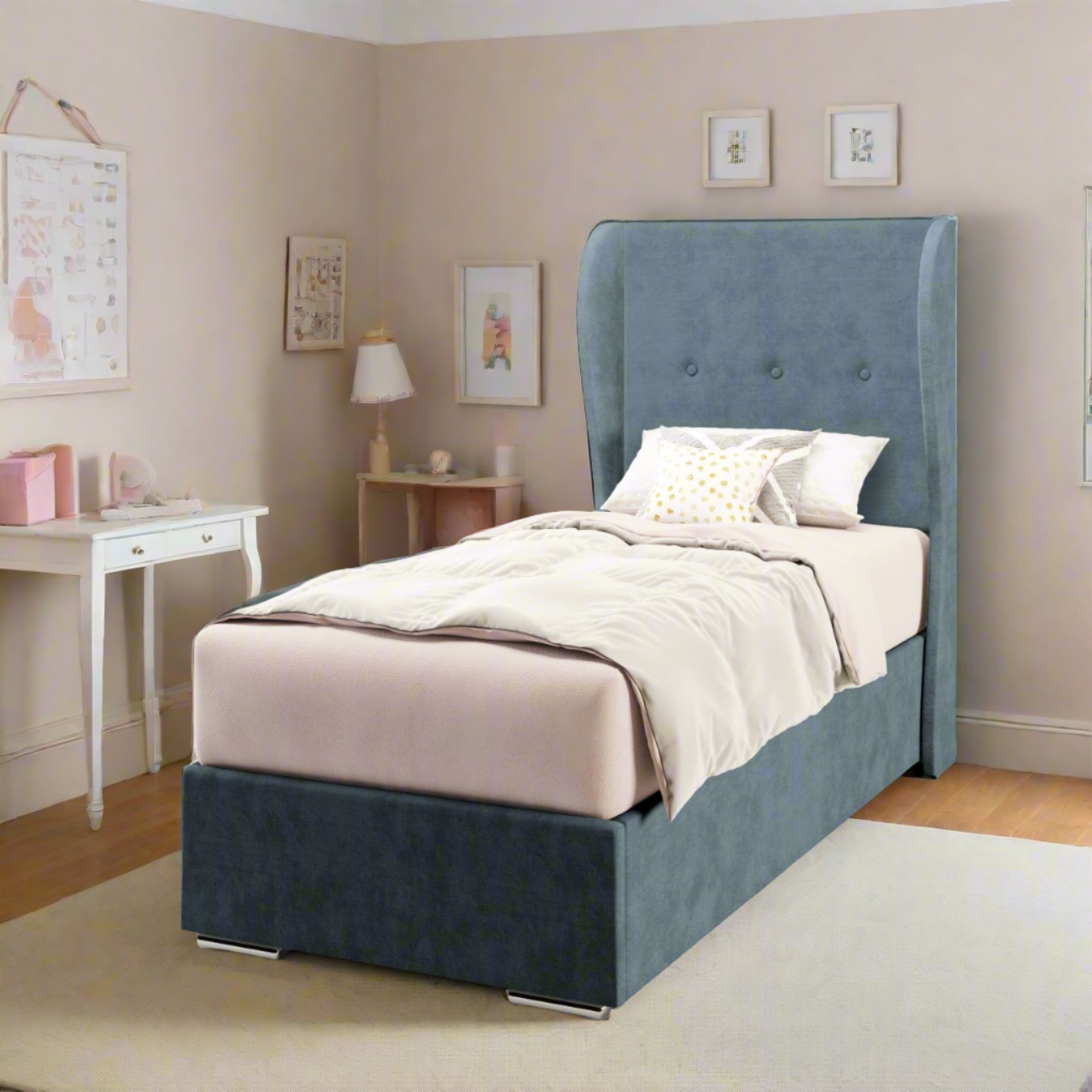 Plain Fabric Middle Curve Wing Headboard with Frame Bed Base & Mattress