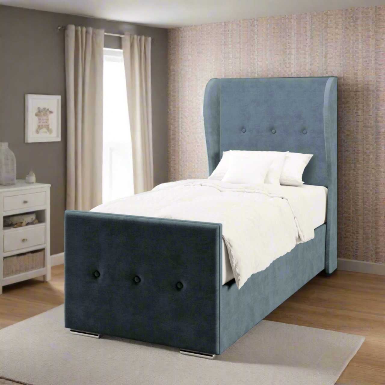 Plain Fabric Middle Curve Wing Headboard with Frame Bed Base Set - Footend