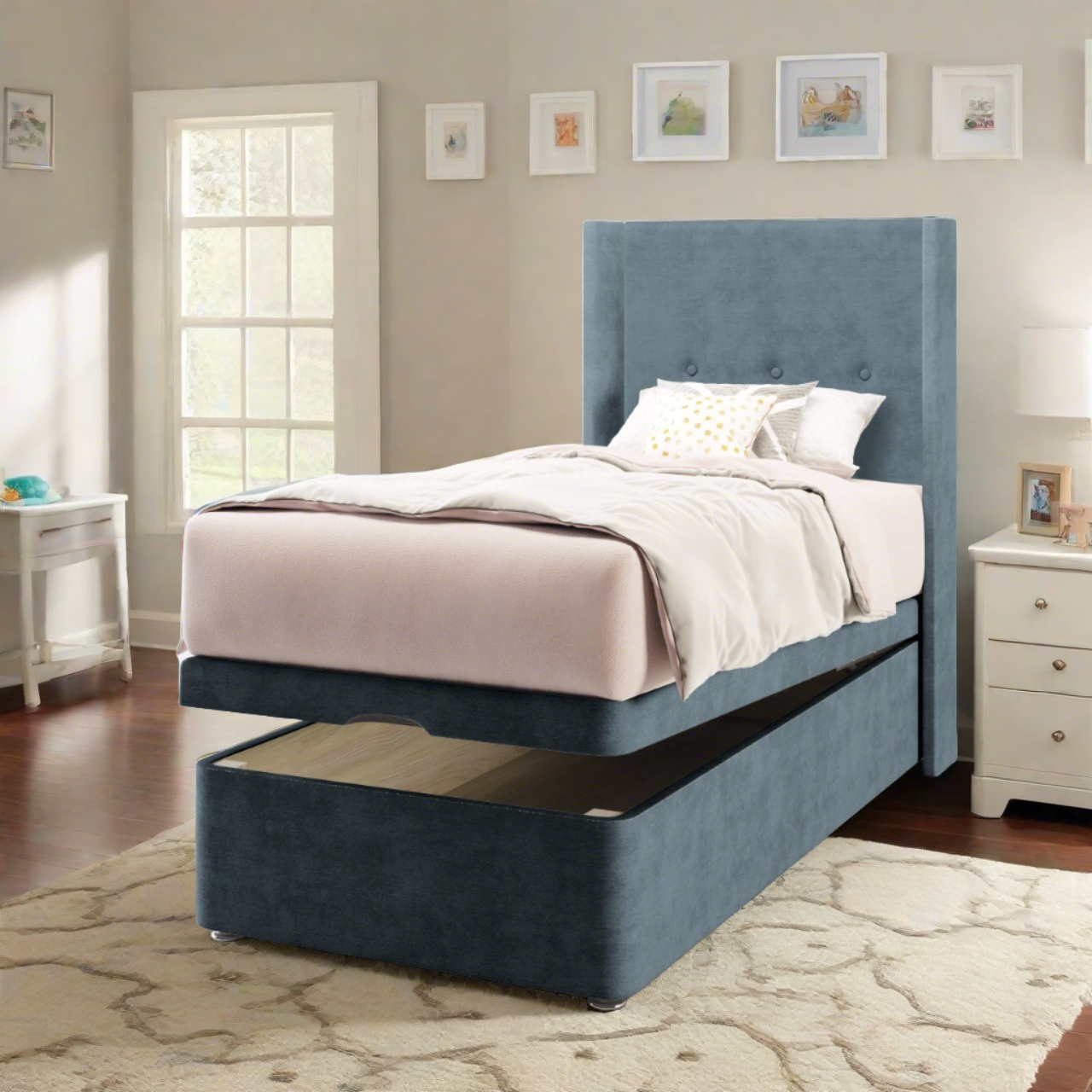 Plain Fabric Straight Wing Headboard with Ottoman Storage Bed Base & Mattress