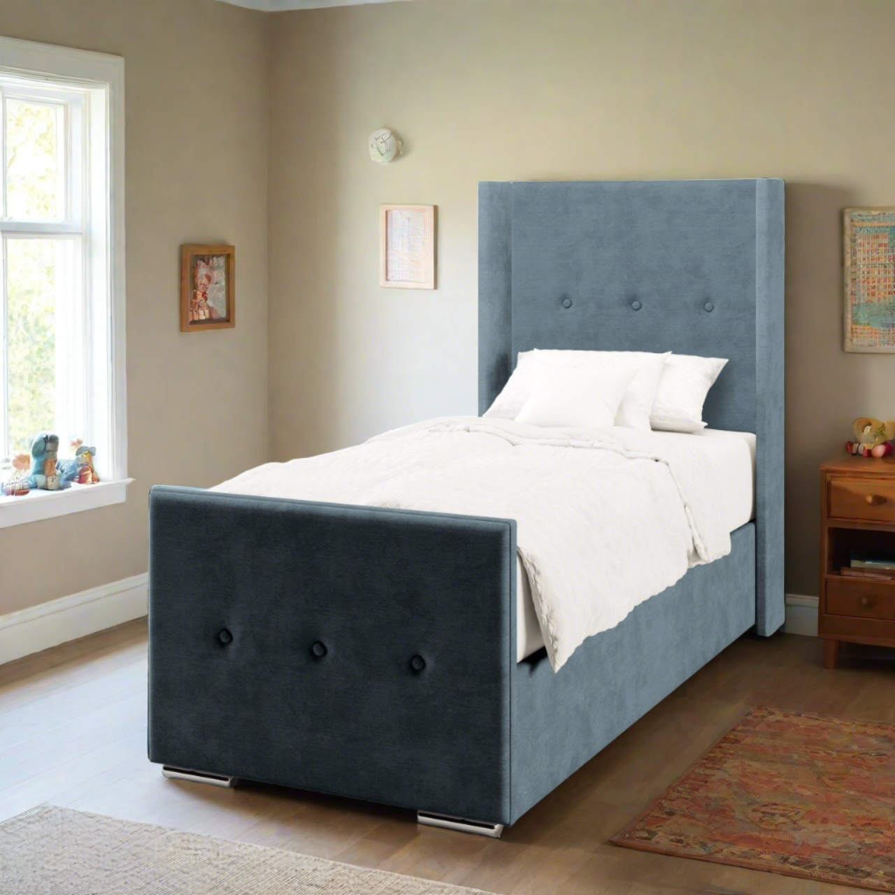 Plain Fabric Straight Wing Headboard with Ottoman Storage Side Lift Bed & Footend