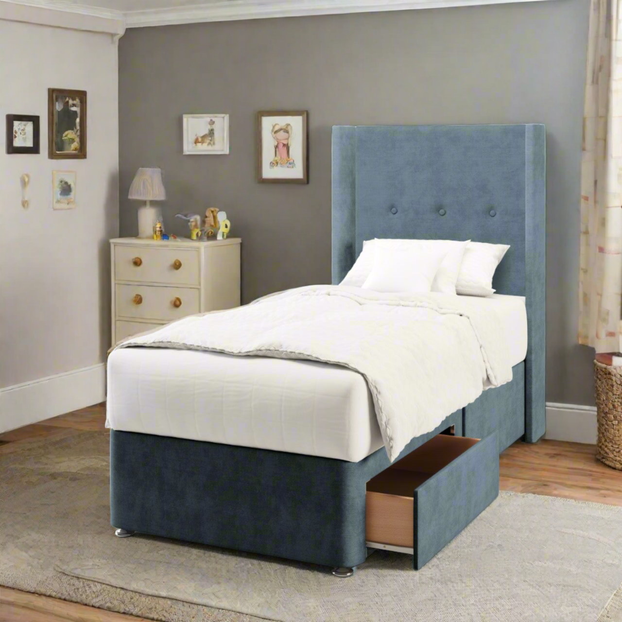 Plain Fabric Straight Wing Headboard with Divan Bed Base & Mattress