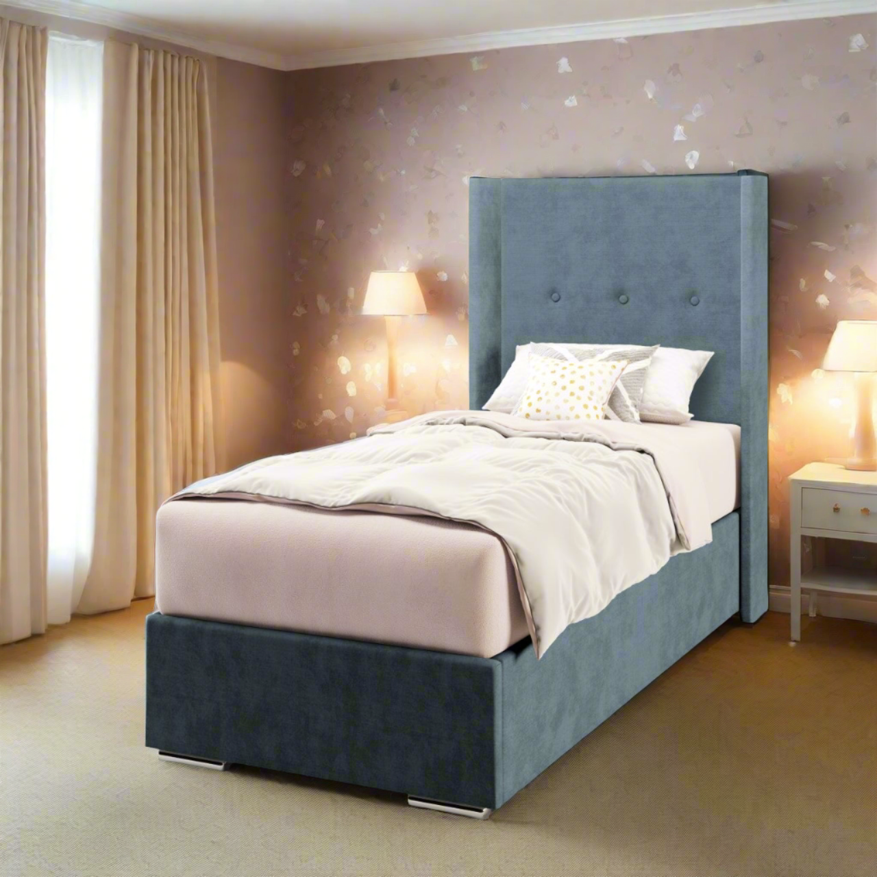 Plain Fabric Straight Wing Headboard with Frame Bed Base & Mattress