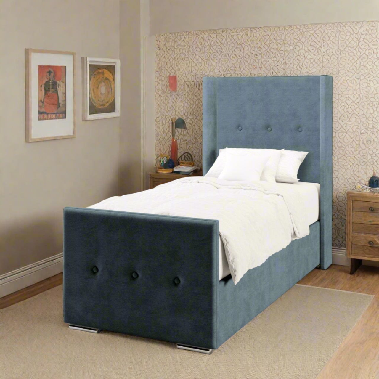 Plain Fabric Straight Wing Headboard with Frame Bed Base Set - Footend