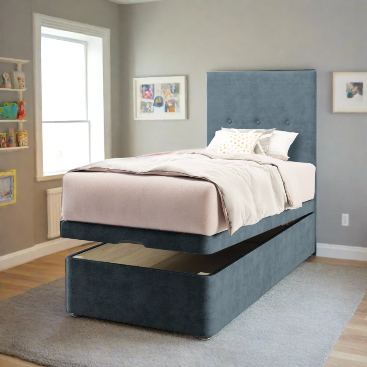 Plain Fabric Tall Headboard with Ottoman Storage Bed Base & Mattress