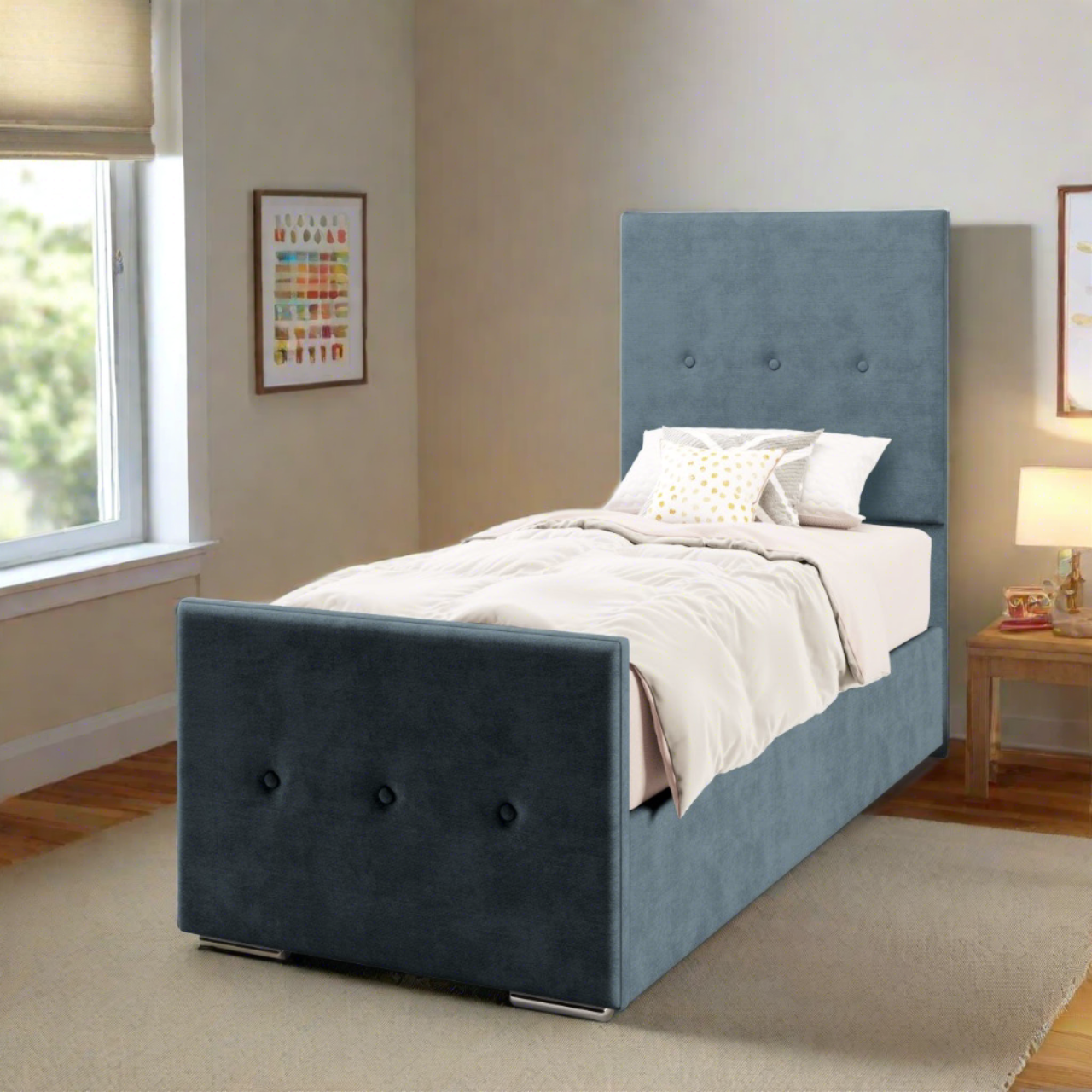 Plain Fabric Tall Headboard with Ottoman Storage Side Lift Bed & Footend