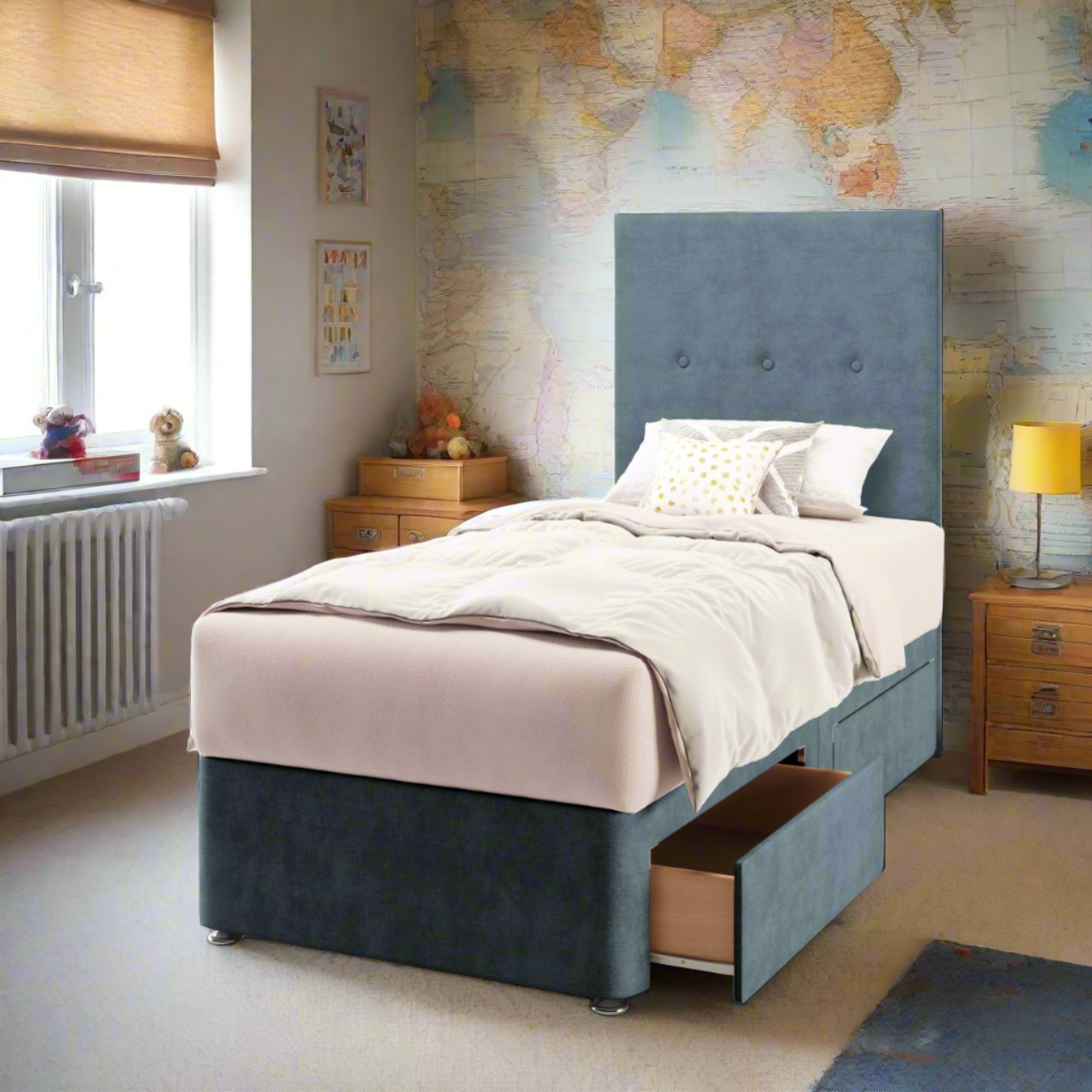 Plain Fabric Tall Headboard with Divan Bed Base & Mattress