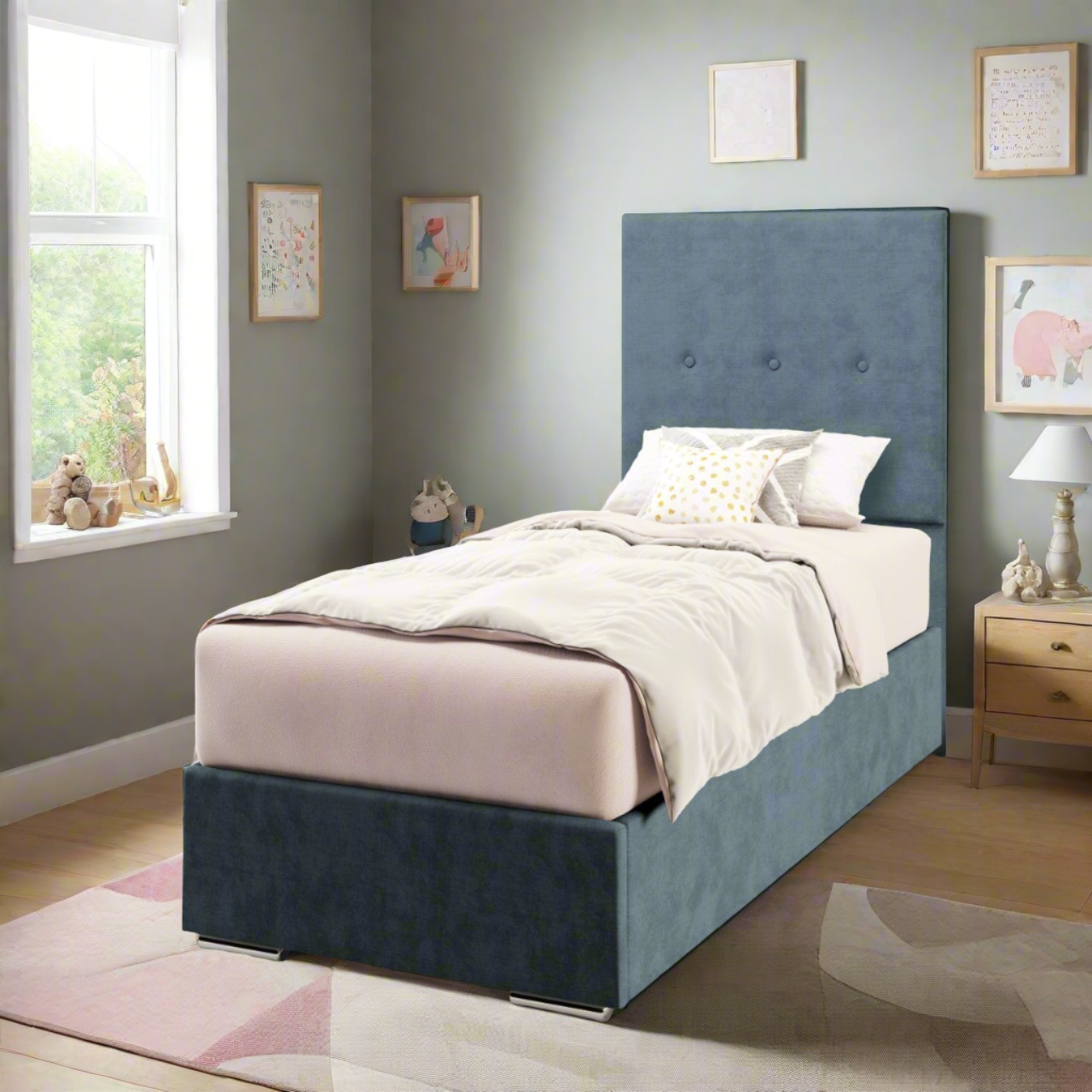 Plain Fabric Tall Headboard with Frame Bed Base & Mattress