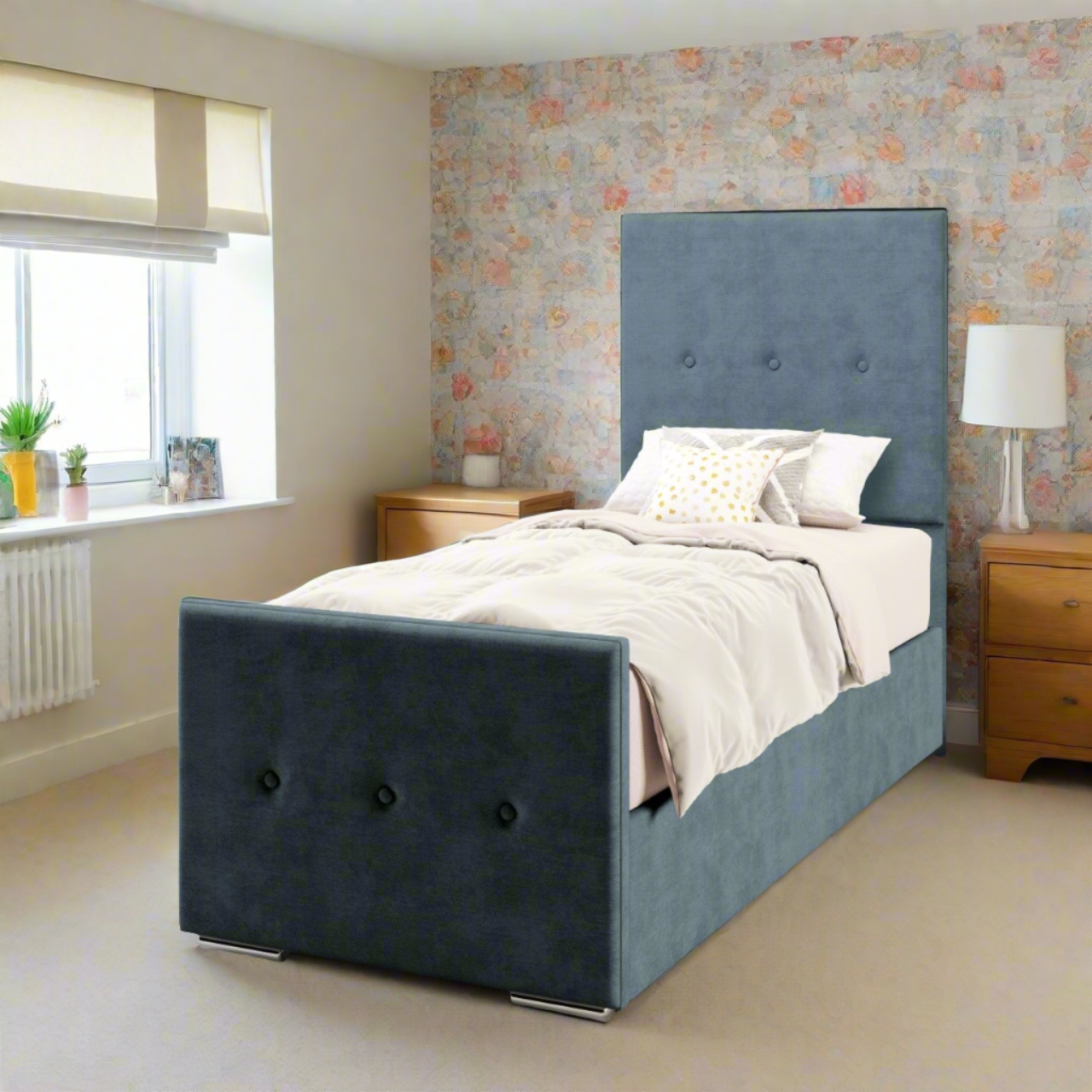 Plain Fabric Tall Headboard with Frame Bed Base Set - Footend