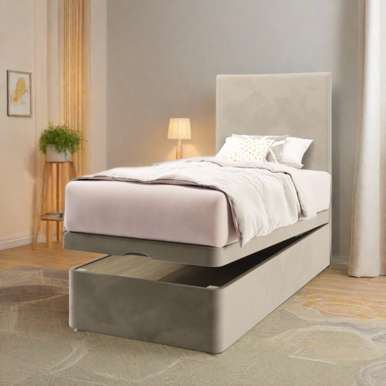 Plain Fabric Tall Headboard with Ottoman Storage Bed Base & Mattress