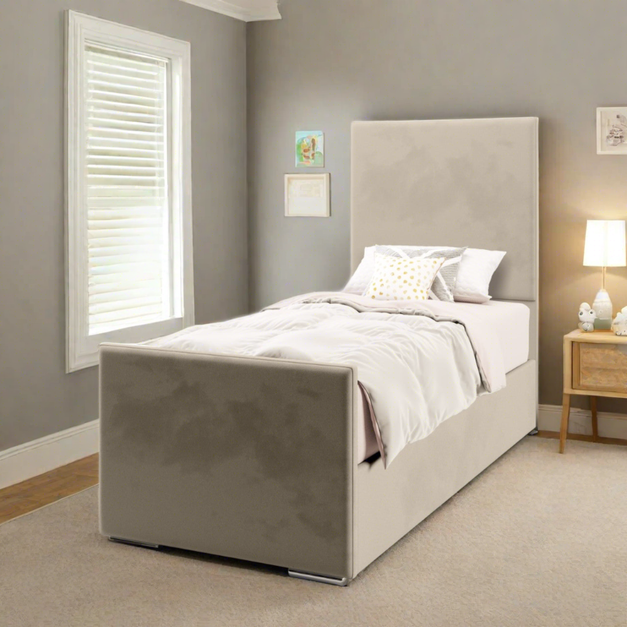 Plain Fabric Tall Headboard with Ottoman Storage Side Lift Bed & Footend