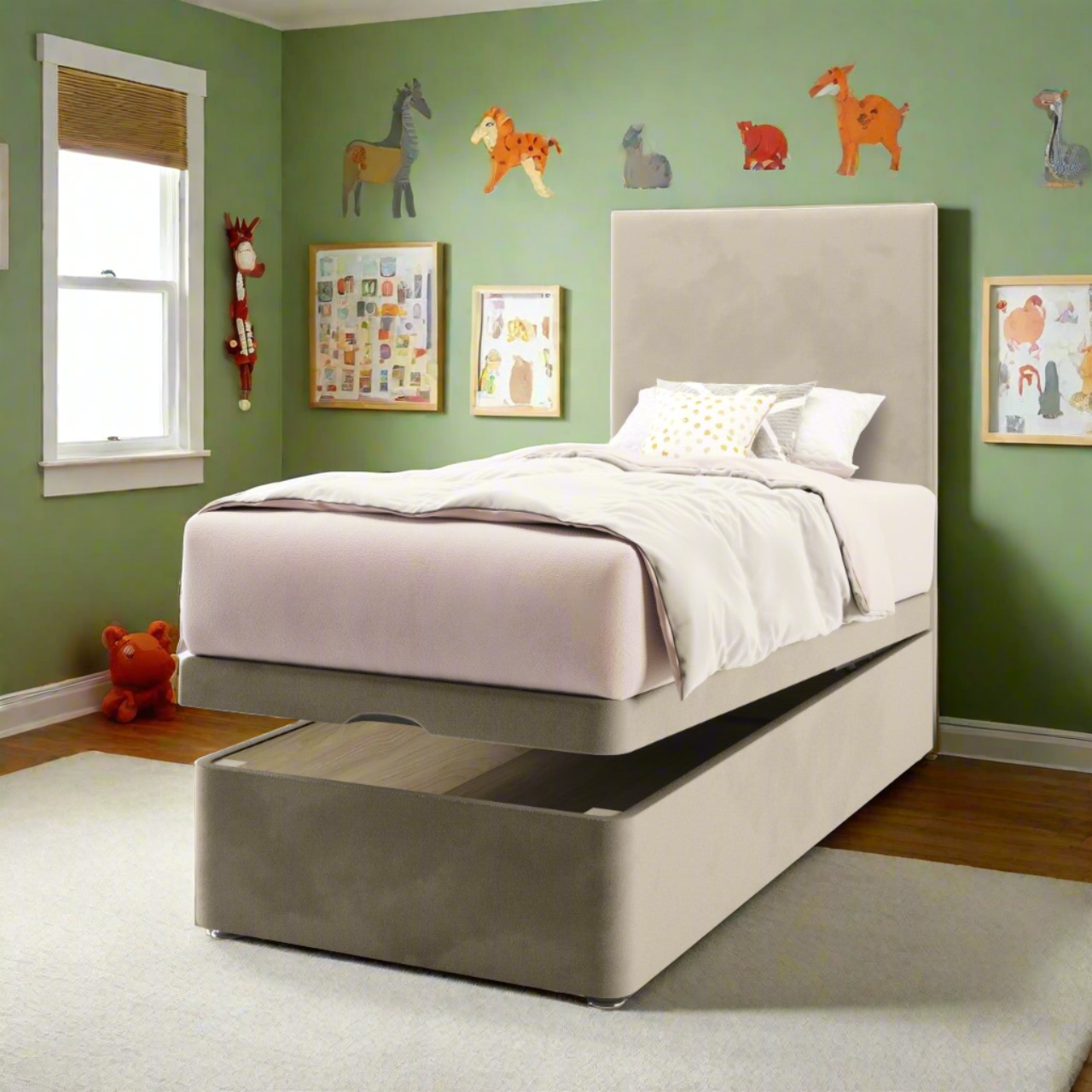 Plain Fabric Tall Headboard with Ottoman Storage Bed Base & Mattress