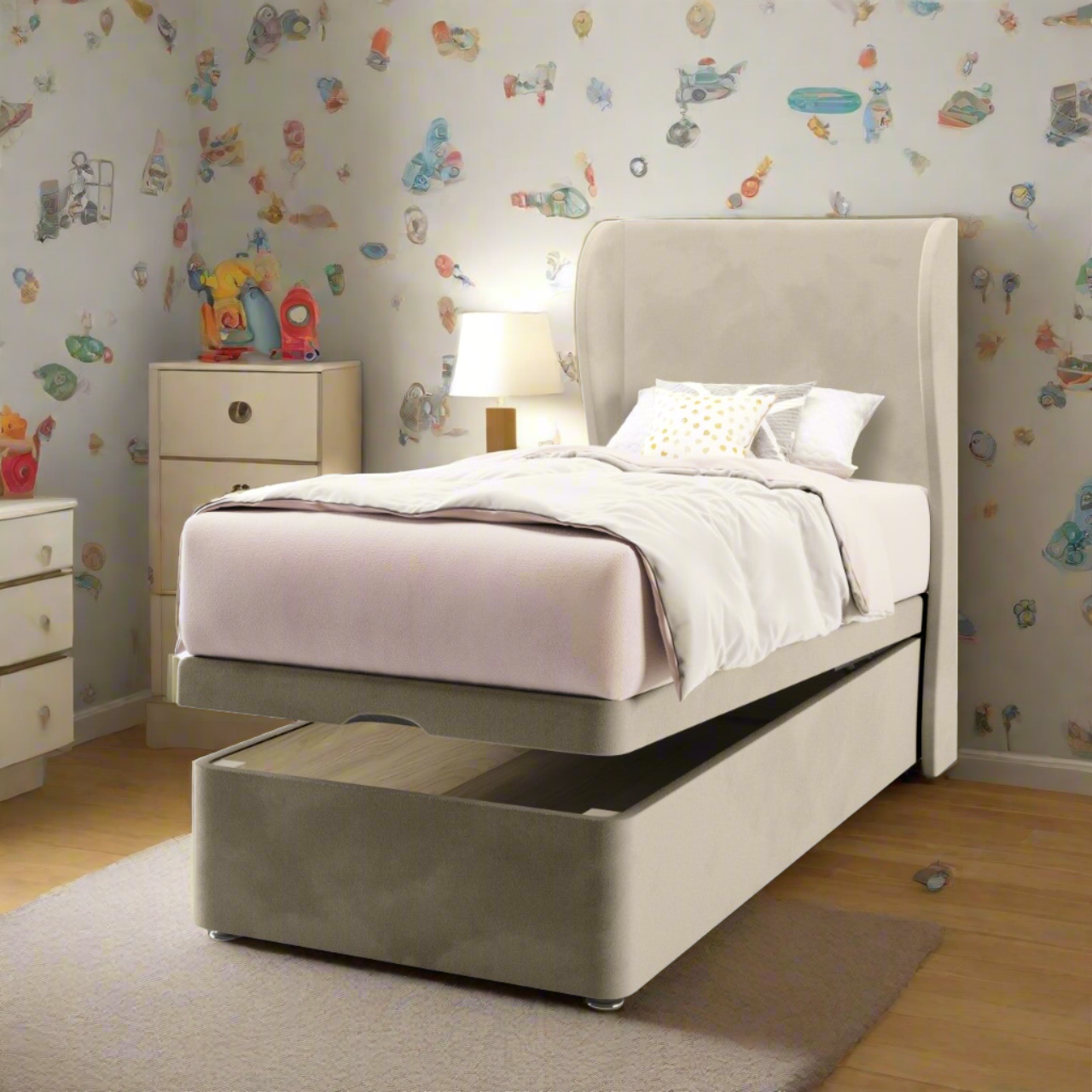 Plain Fabric Middle Curve Wing Headboard with Ottoman Storage Bed Base & Mattress