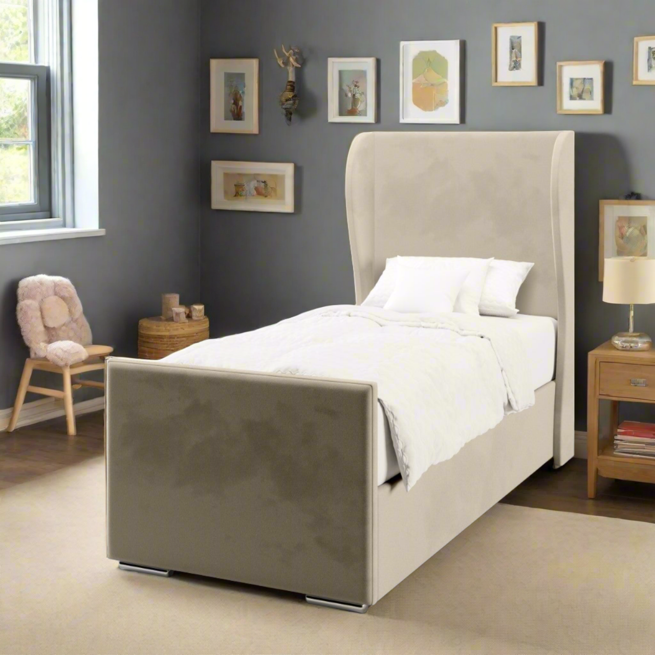 Plain Fabric Middle Curve Wing Headboard with Ottoman Storage Side Lift Bed & Footend