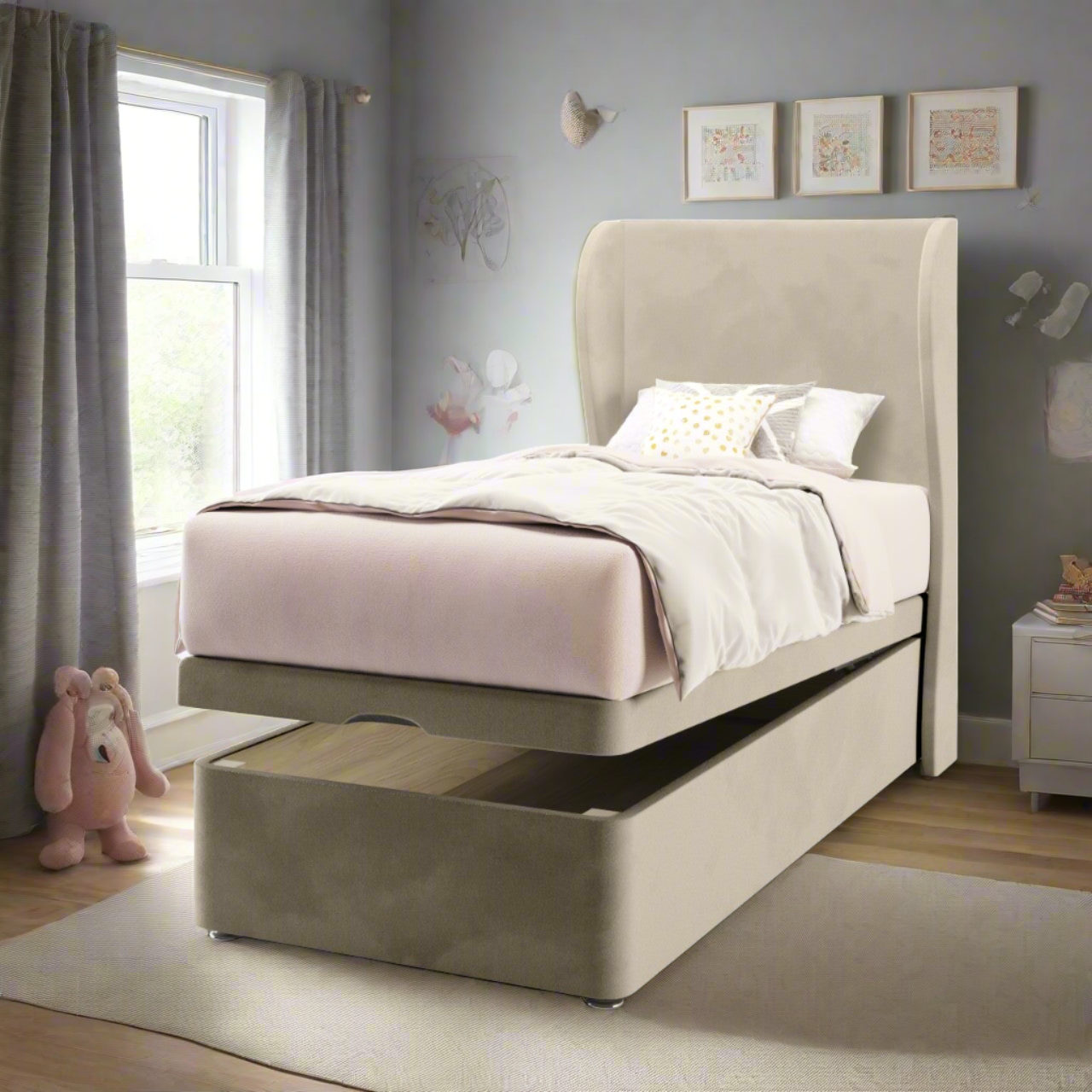 Plain Fabric Middle Curve Wing Headboard with Ottoman Storage Bed Base & Mattress