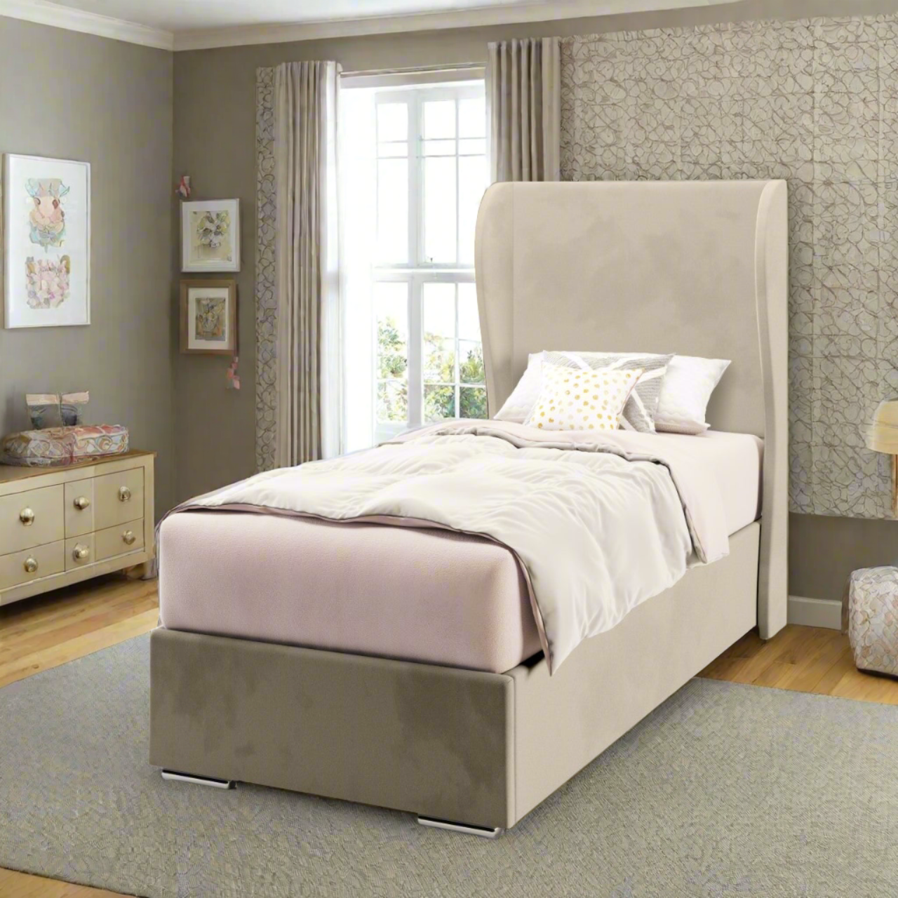 Plain Fabric Middle Curve Wing Headboard with Frame Bed Base & Mattress