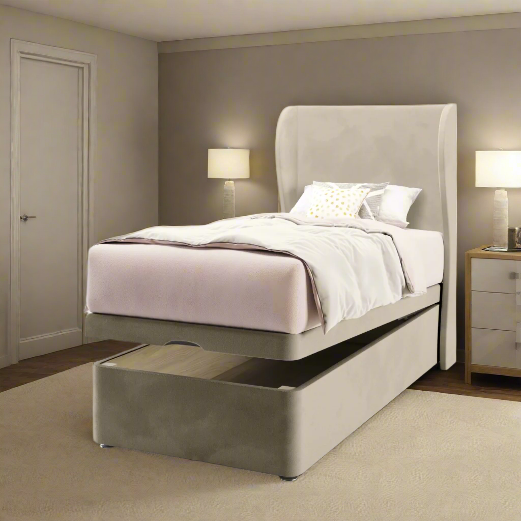 Plain Fabric Middle Curve Wing Headboard with Ottoman Storage Bed Base & Mattress