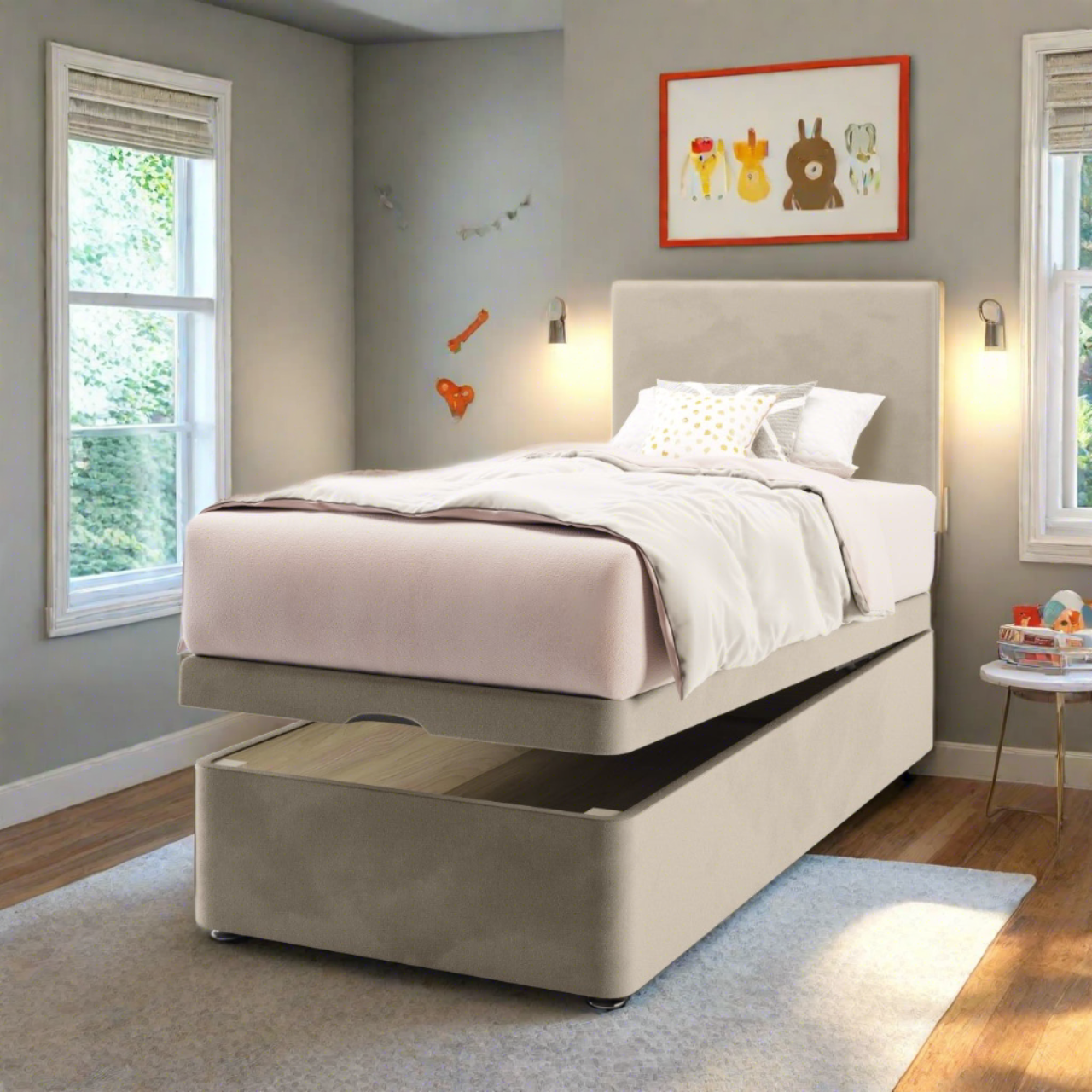 Plain Fabric Low Headboard with Ottoman Storage Bed Base & Mattress