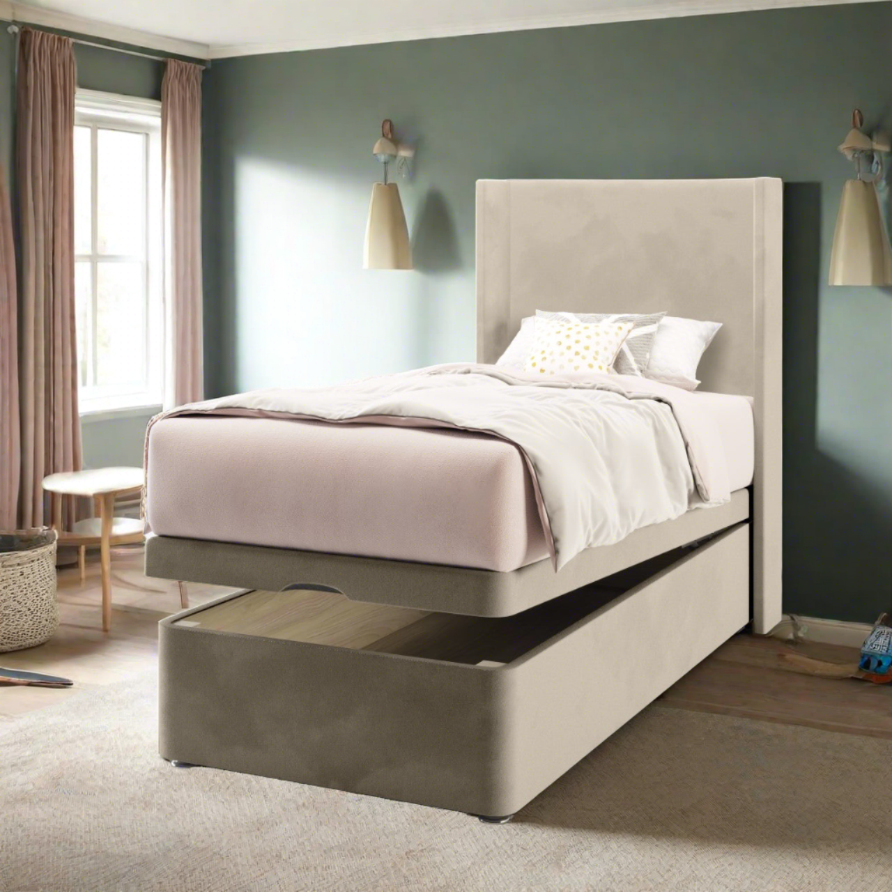 Plain Fabric Straight Wing Headboard with Ottoman Storage Bed Base & Mattress