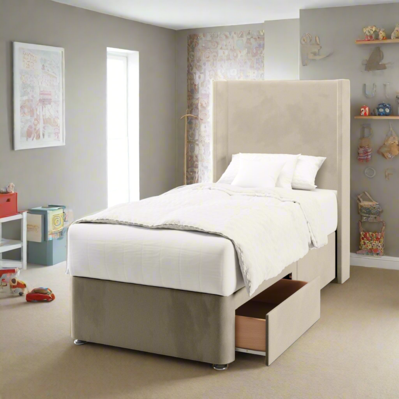 Plain Fabric Straight Wing Headboard with Divan Bed Base & Mattress