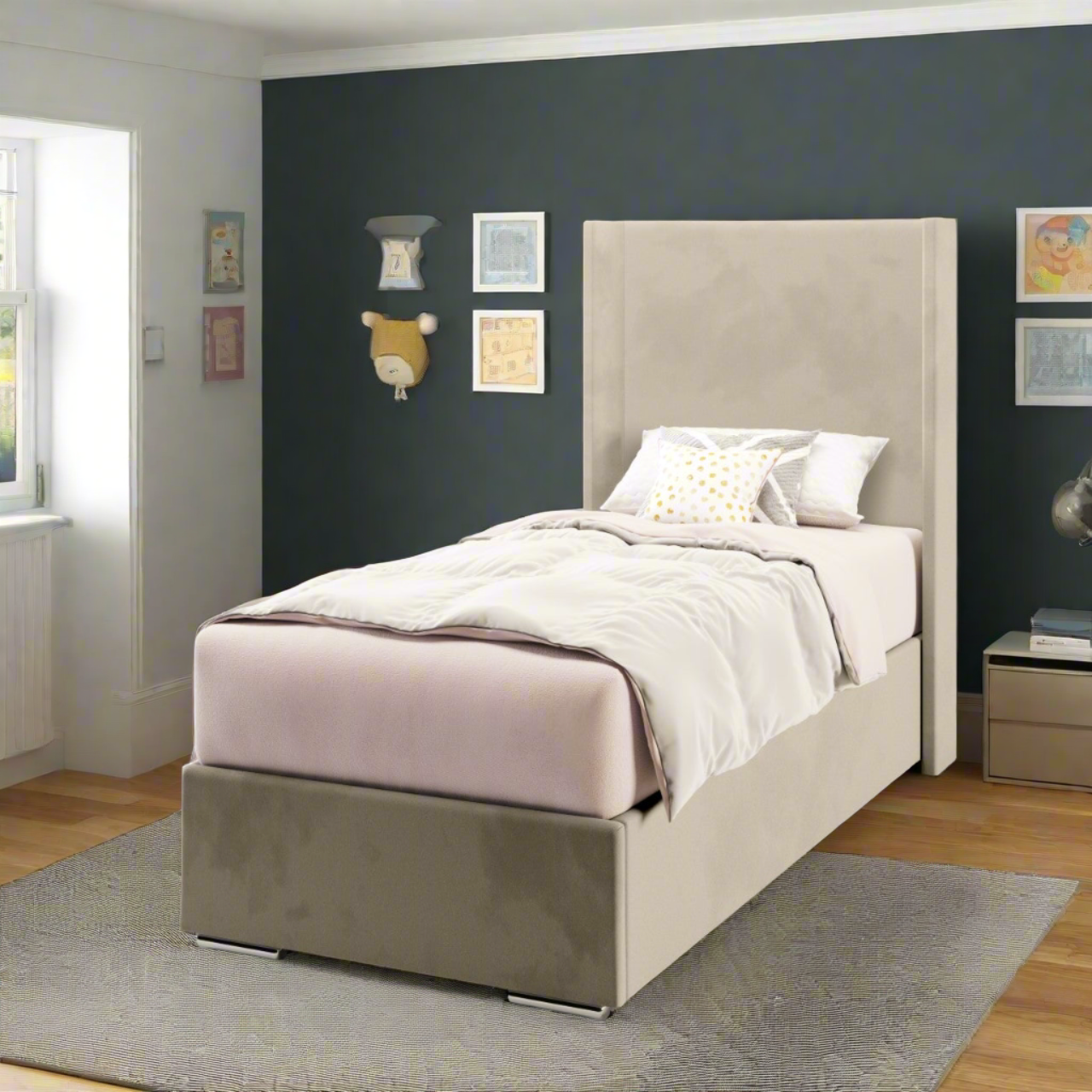 Plain Fabric Straight Wing Headboard with Frame Bed Base & Mattress