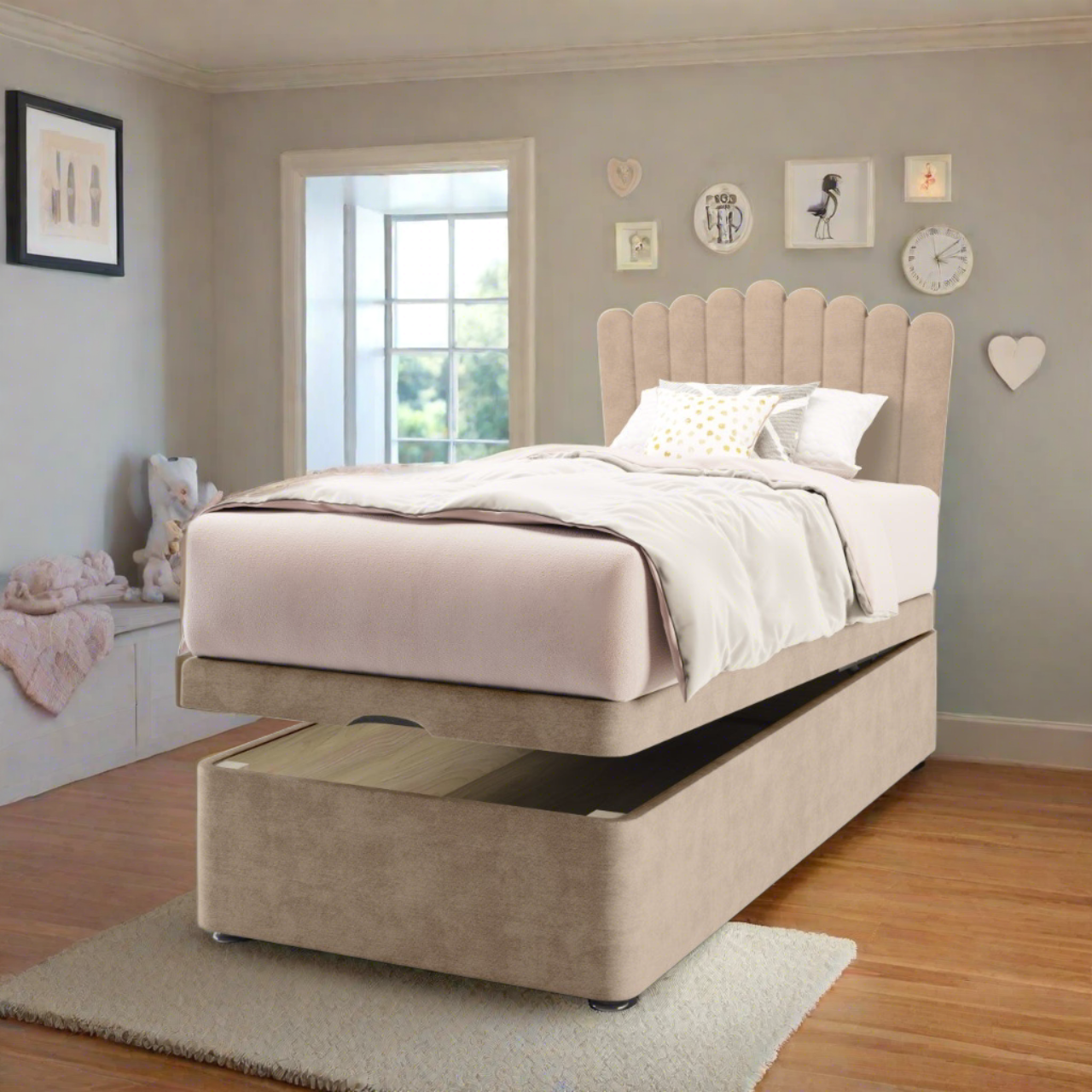 Small Arches Fabric Low Headboard with Ottoman Storage Bed Base & Mattress