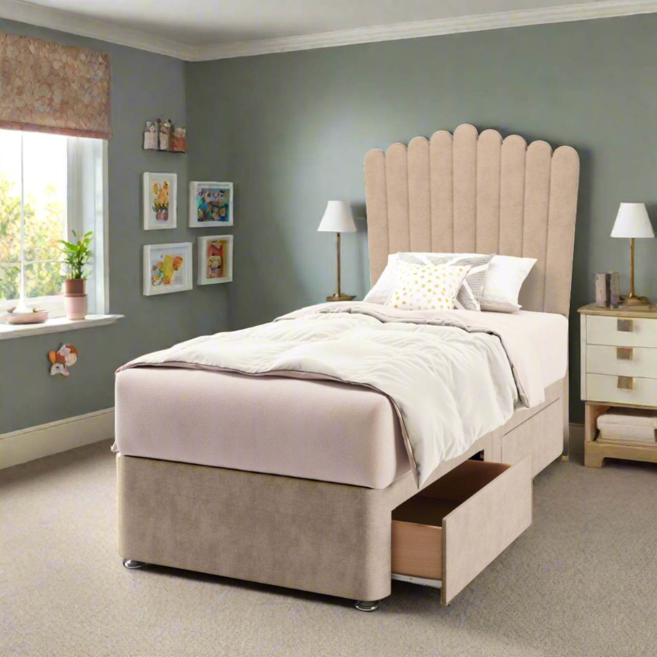 Small Arches Fabric Tall Headboard with Divan Bed Base & Mattress