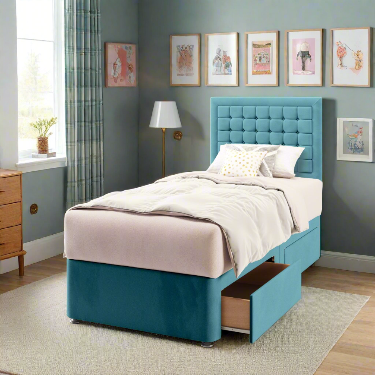 Small Cubic Border Fabric Low Headboard with Divan Bed Base & Mattress