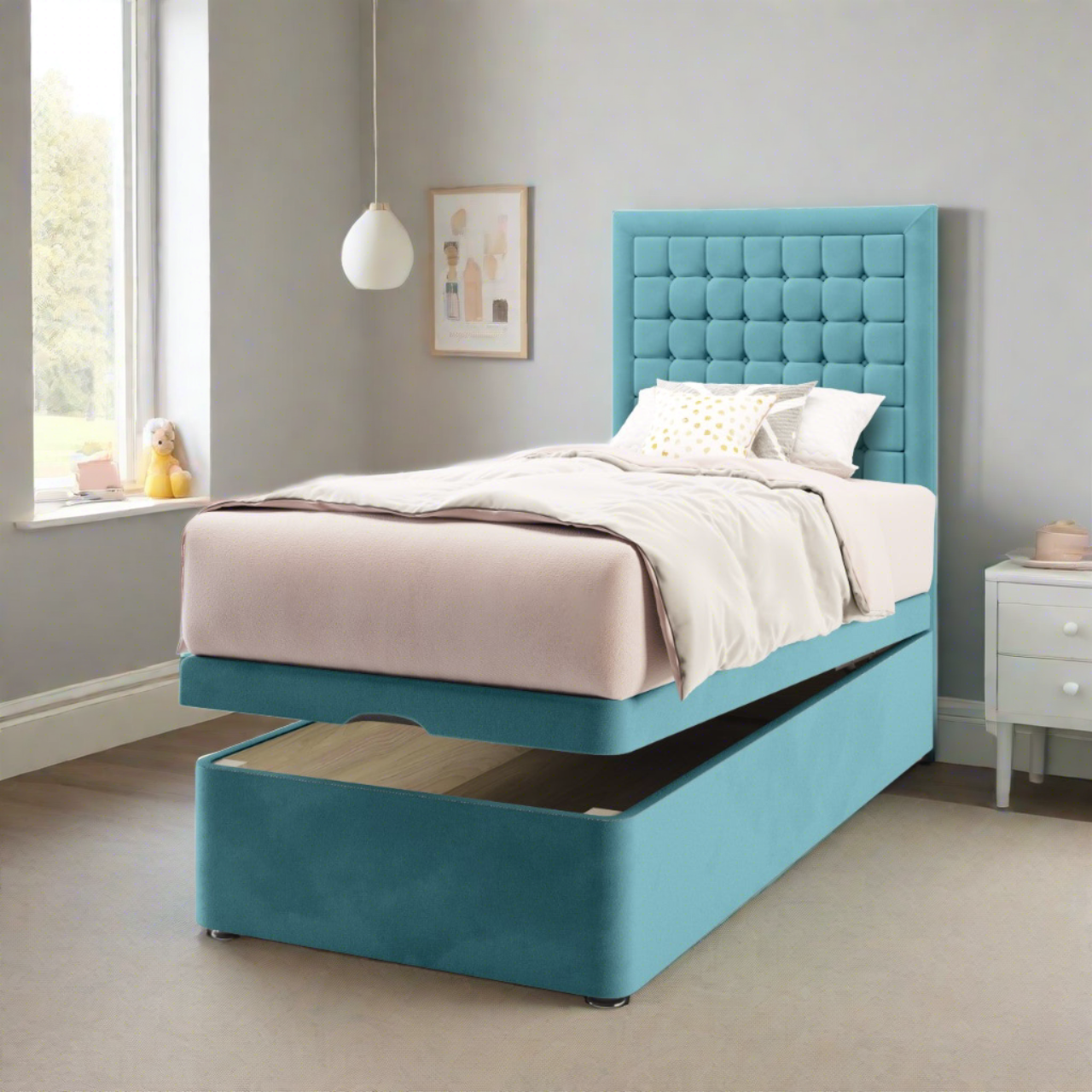 Small Cubic Border Fabric Tall Headboard with Ottoman Storage Bed Base & Mattress