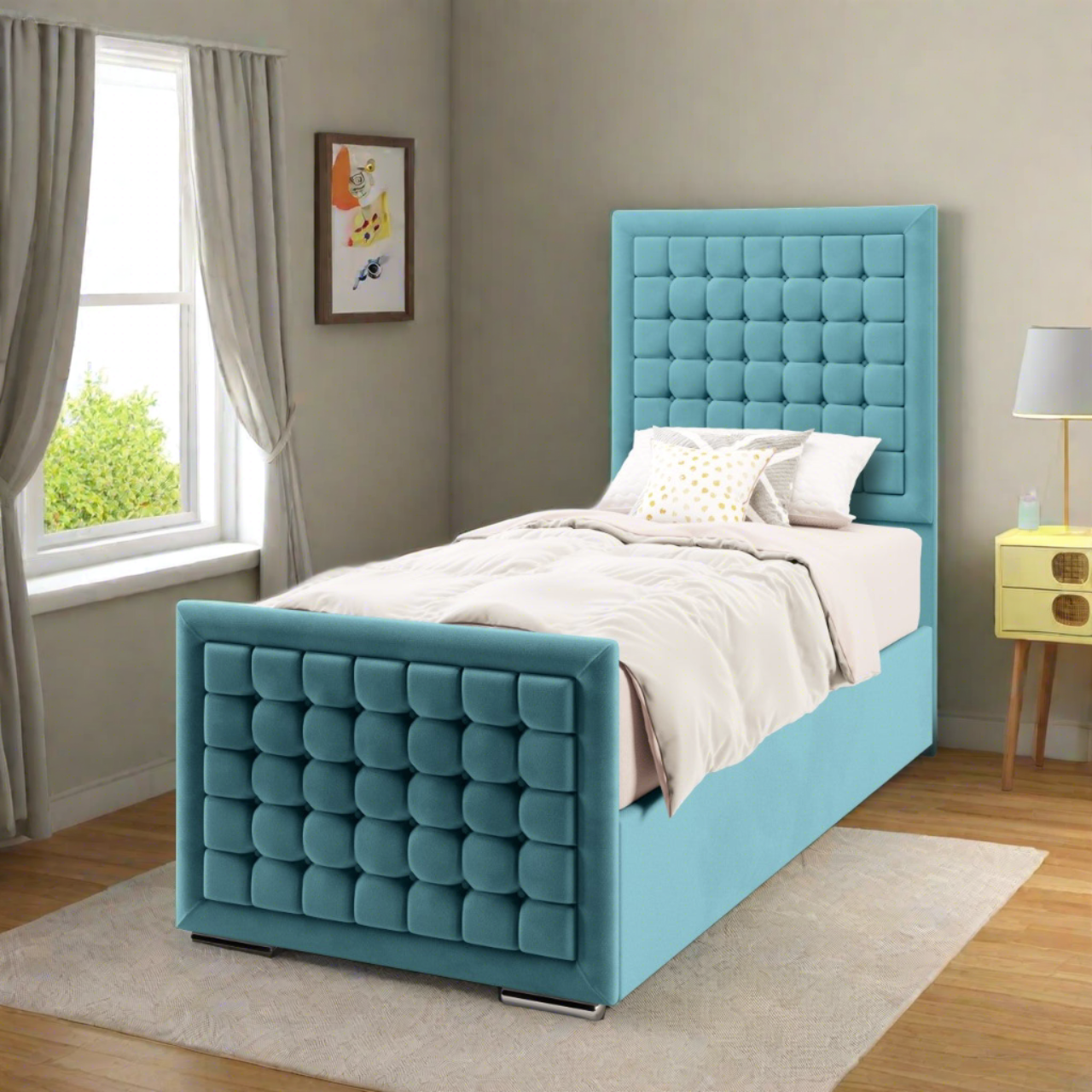 Small Cubic Border Fabric Tall Headboard with Ottoman Storage Side Lift Bed & Footend