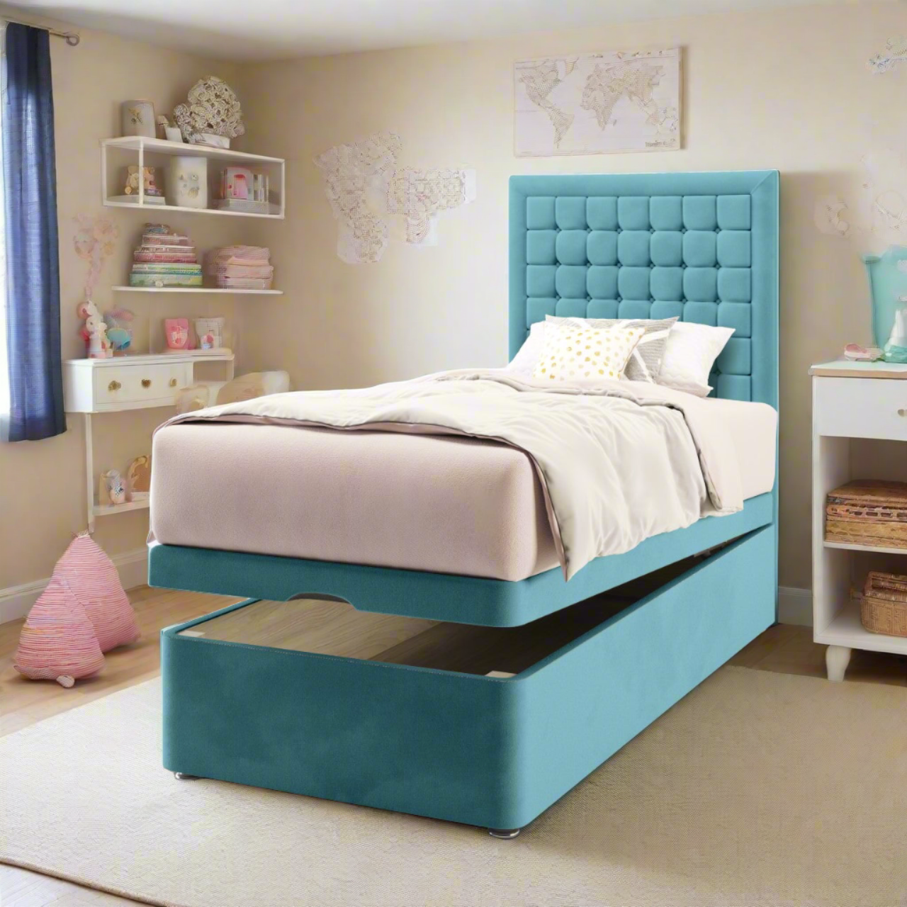 Small Cubic Border Fabric Tall Headboard with Ottoman Storage Bed Base & Mattress