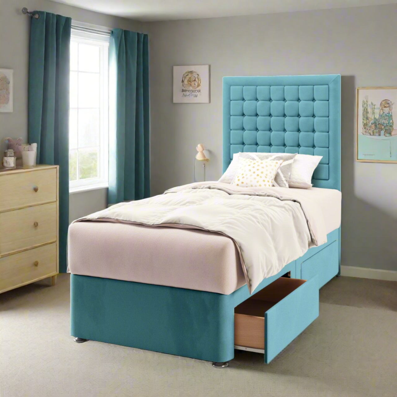 Small Cubic Border Fabric Tall Headboard with Divan Bed Base & Mattress