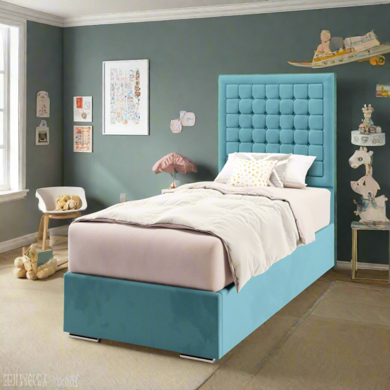 Small Cubic Border Fabric Tall Headboard with Frame Bed Base & Mattress