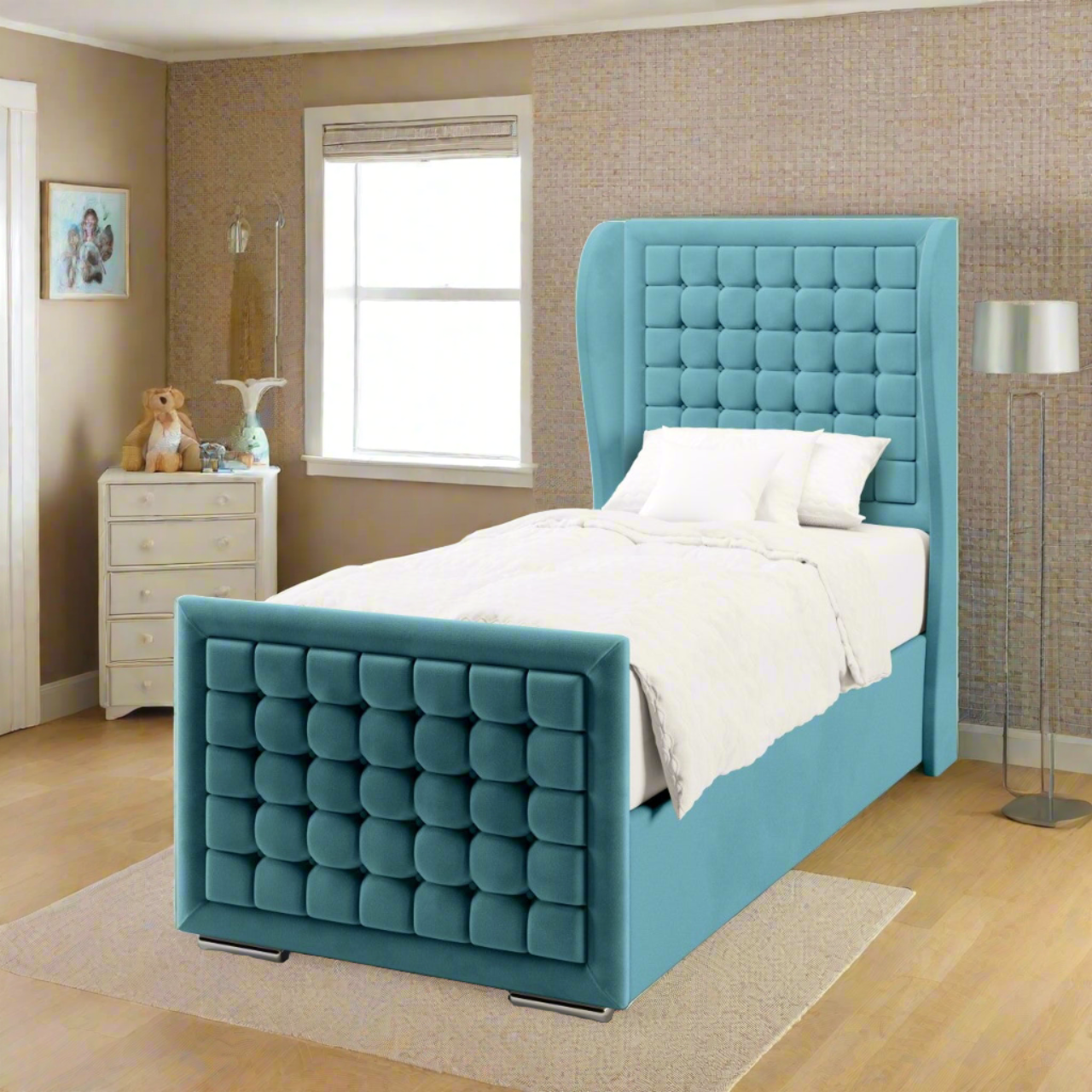 Small Cubic Border Fabric Middle Curve Wing Headboard with Ottoman Storage Side Lift Bed & Footend