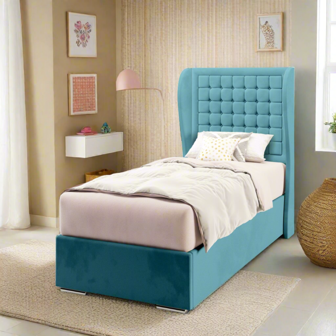 Small Cubic Border Fabric Middle Curve Wing Headboard with Frame Bed Base & Mattress