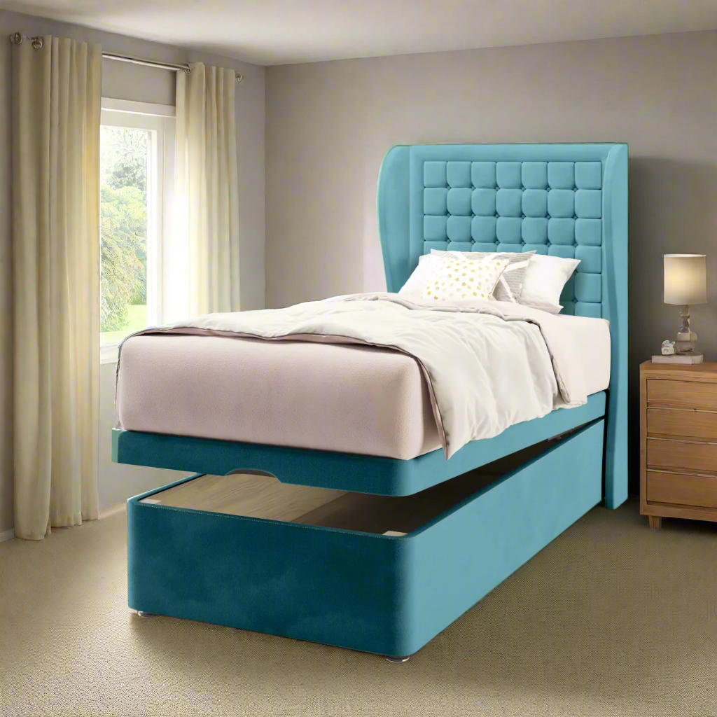 Small Cubic Border Fabric Middle Curve Wing Headboard with Ottoman Storage Bed Base & Mattress