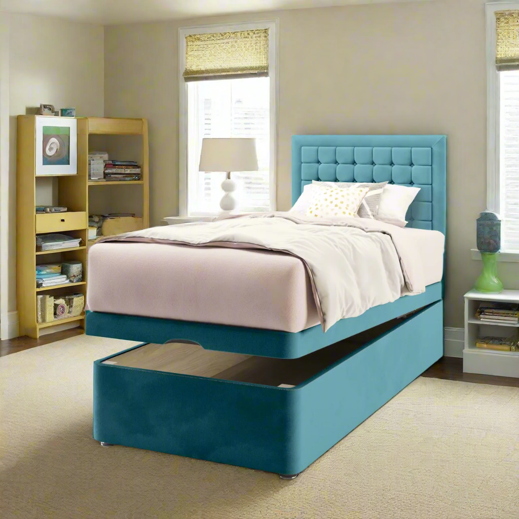 Small Cubic Border Fabric Low Headboard with Ottoman Storage Bed Base & Mattress