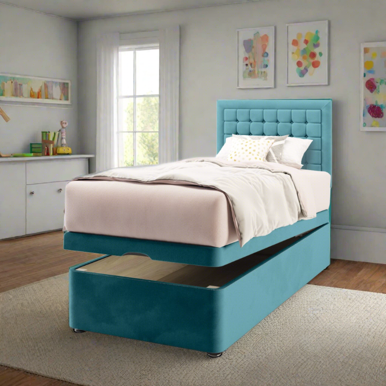 Small Cubic Border Fabric Low Headboard with Ottoman Storage Bed Base & Mattress