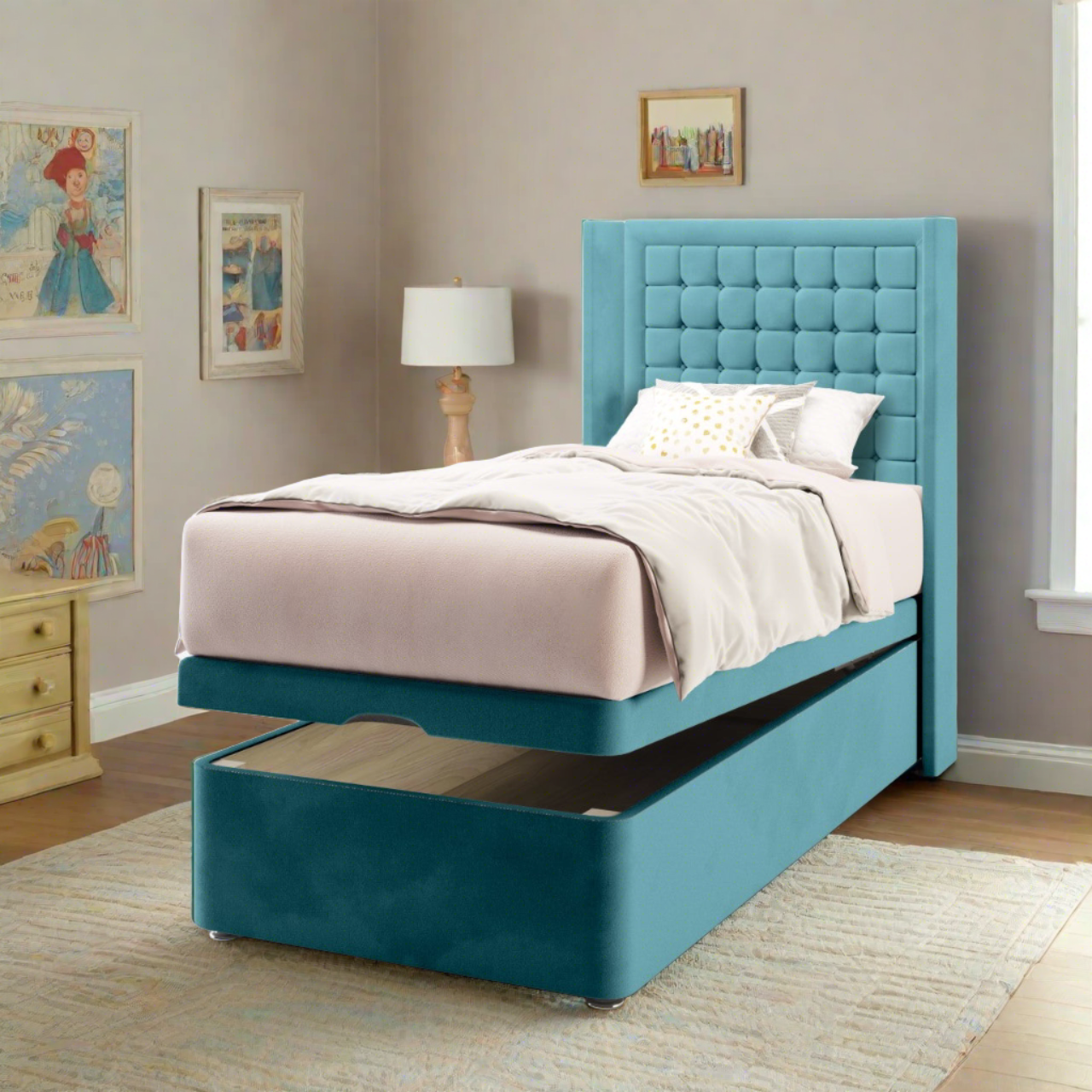 Small Cubic Border Fabric Straight Wing Headboard with Ottoman Storage Bed Base & Mattress