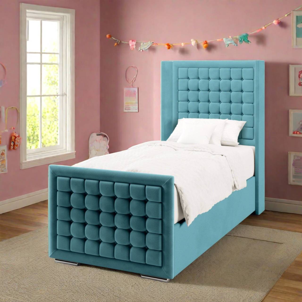 Small Cubic Border Fabric Straight Wing Headboard with Ottoman Storage Side Lift Bed & Footend