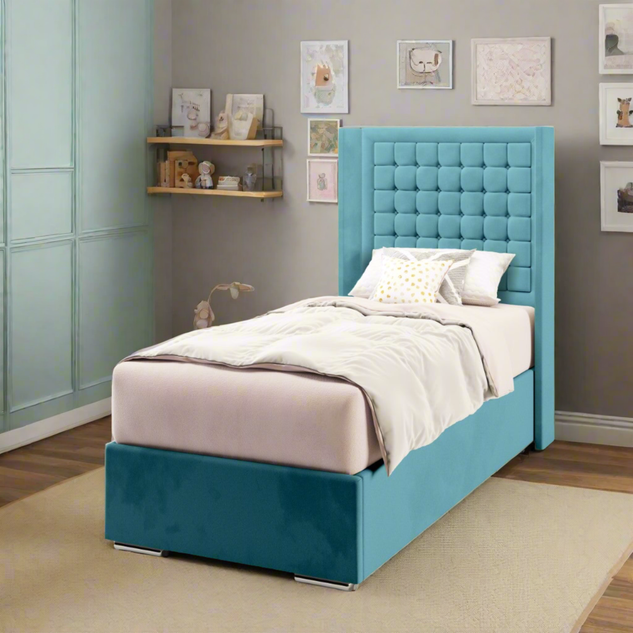 Small Cubic Border Fabric Straight Wing Headboard with Frame Bed Base & Mattress