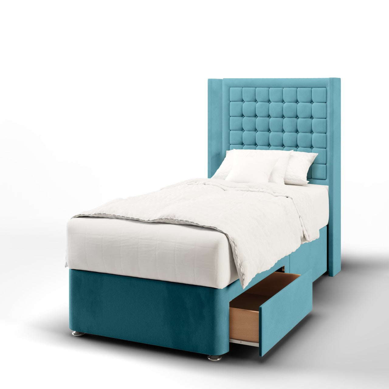 Small Cubic Border Fabric Straight Wing Headboard with Divan Bed Base & Mattress